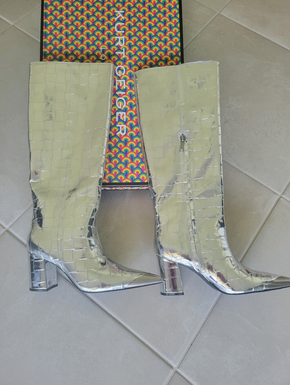 Kurt Geiger-London Metallic Silver Croc-Embossed Knee High Boots -NWT! - Picture 2 of 10
